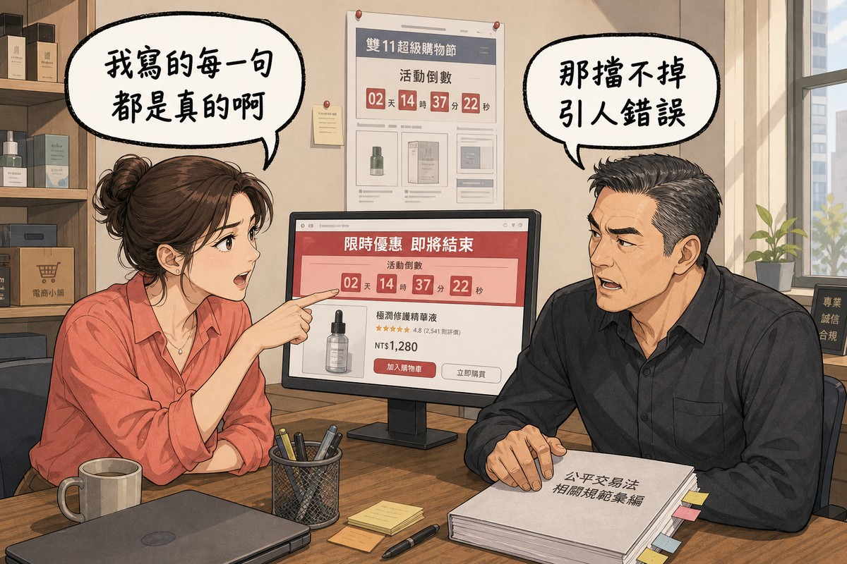一位行銷主管與一位法遵顧問在辦公室對談,主管指著螢幕上的倒數區塊說「我寫的每一句都是真的啊」,顧問把手按在法規小冊上回應「那擋不掉引人錯誤」