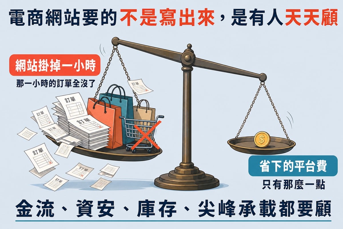 一座嚴重傾斜的天平。左盤堆滿散落的訂單與購物袋、購物車被打叉，標「網站掛掉一小時／那一小時的訂單全沒了」；右盤只有一枚小金幣，標「省下的平台費／只有那麼一點」。