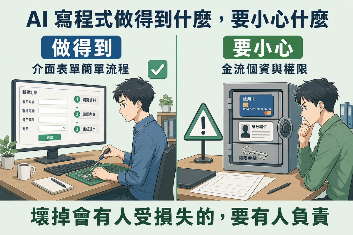 左右對照。左半一人在電腦前做出表單與流程，打勾標「做得到／介面表單簡單流程」；右半一個保險箱鎖著信用卡、身分證件與權限金鑰，旁有警告標誌，標「要小心／金流個資與權限」。