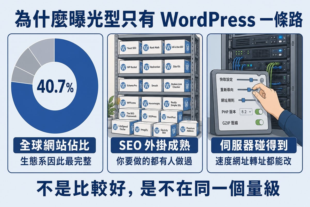 三個面板。左：圓環圖中央標 40.7%，深色區段佔多數，標「全球網站佔比」；中：貨架上堆滿 SEO 外掛盒子，標「SEO 外掛成熟」；右：一隻手操作控制面板上的快取、轉址、網址規則開關，後方是伺服器機櫃，標「伺服器碰得到」。