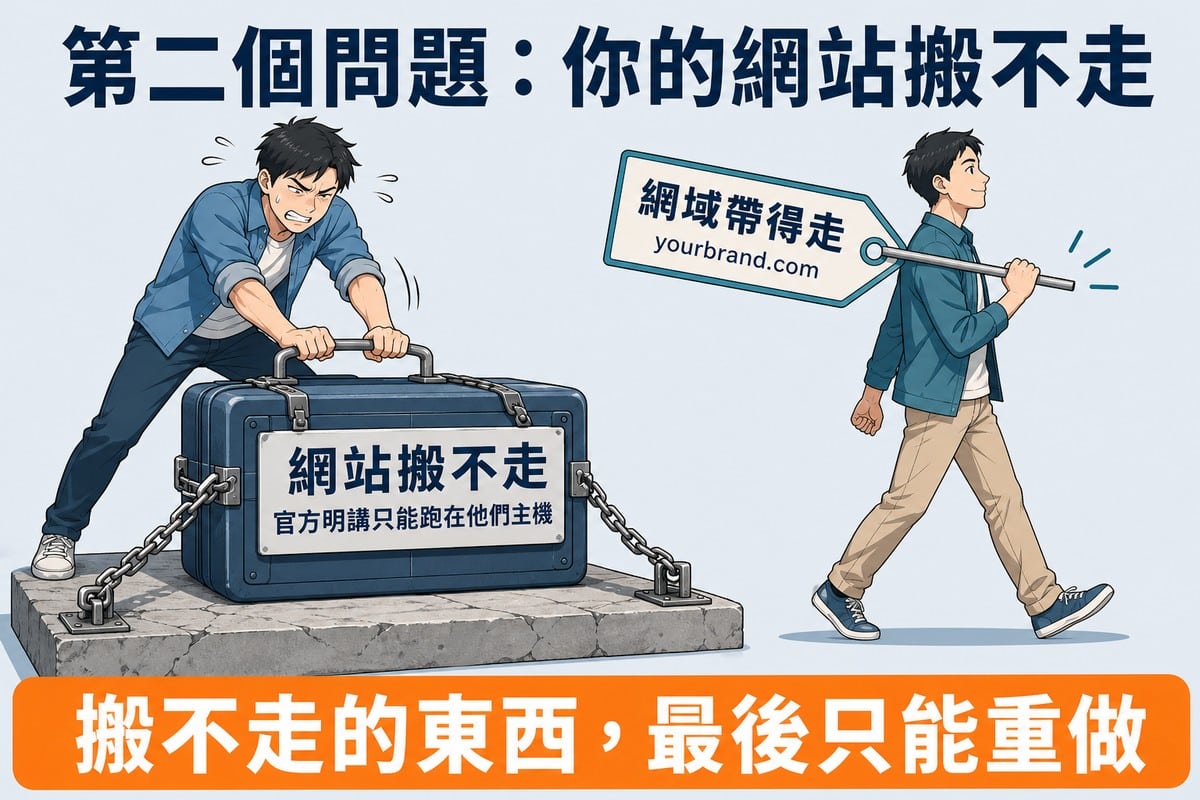 左邊一人用力拉一個被鐵鏈鎖死在水泥地上的行李箱，箱上標「網站搬不走／官方明講只能跑在他們主機」；右邊另一人輕鬆扛著一塊寫有網域名稱的牌子走開，標「網域帶得走」。