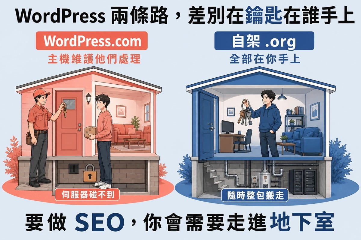 兩棟房子剖面對照。左邊粉紅色房子由一名管理員拿著鑰匙、屋主在門外，地下室上鎖標「伺服器碰不到」，標題「WordPress.com／主機維護他們處理」；右邊藍色房子屋主自己拿著整串鑰匙站在屋內，地下室開著看得到管線與伺服器，標「隨時整包搬走」，標題「自架 .org／全部在你手上」。