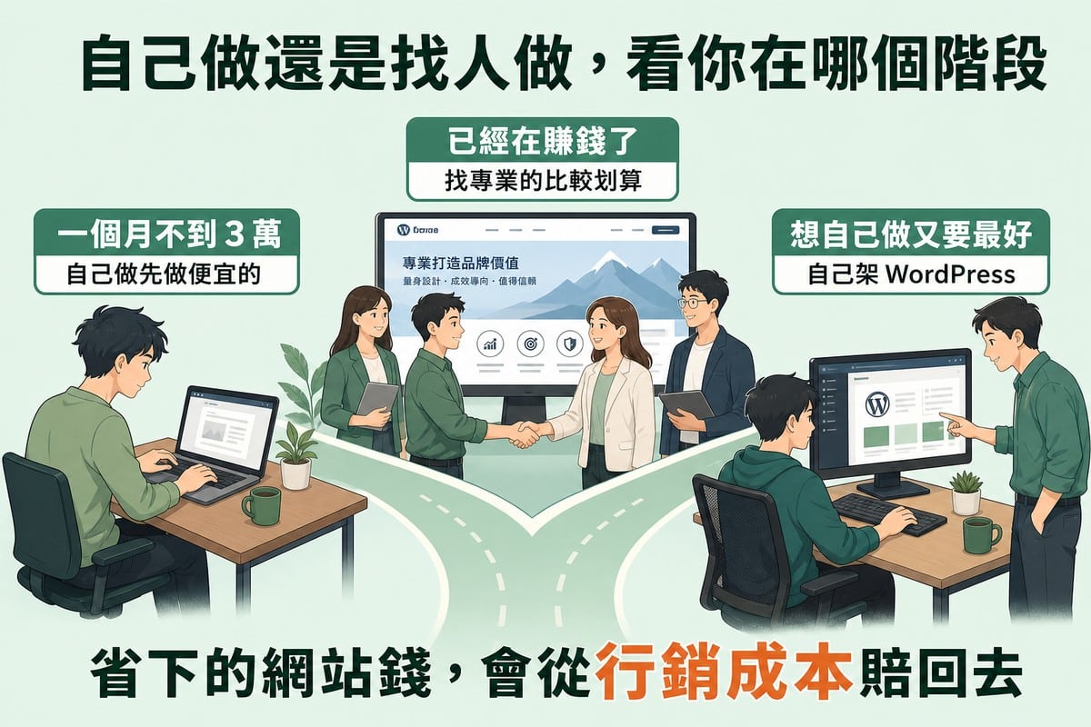 三岔路三個場景。左邊一人獨自用筆電做簡單頁面，標「一個月不到 3 萬／自己做先做便宜的」；中間一組人與客戶握手、背後是完整的品牌網站，標「已經在賺錢了／找專業的比較划算」；右邊一人做網站、另一人在旁準備接手同一個畫面，標「想自己做又要最好／自己架 WordPress」。
