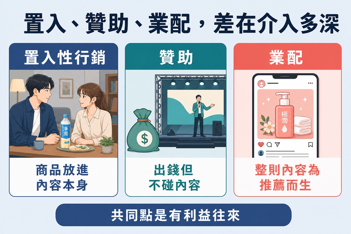 三張並列卡片,分別以劇中商品、舞台旁的錢袋、整則推薦貼文,說明置入、贊助、業配介入內容的深度不同