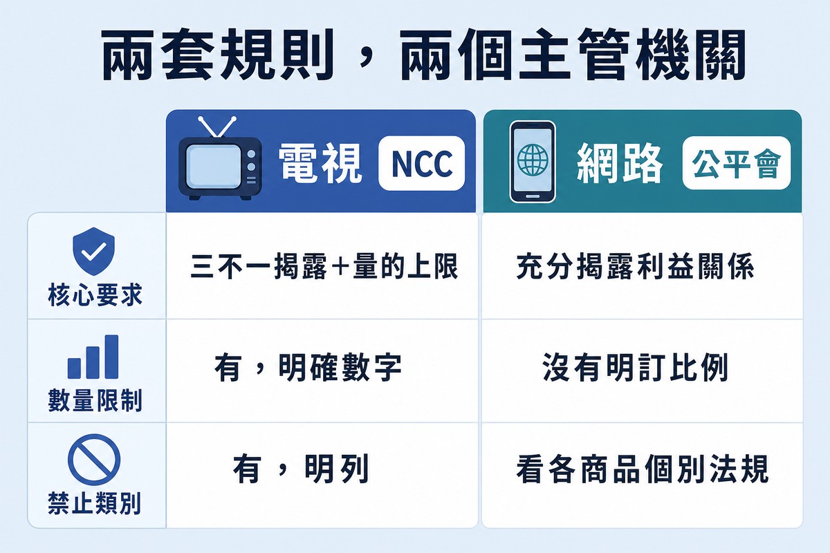 左右兩欄對照表,左欄電視標示NCC、右欄網路標示公平會,逐列比較核心要求、數量限制與禁止類別