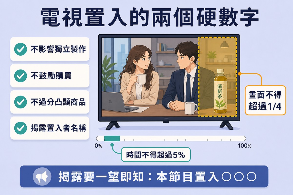 電視畫面示意圖,標出置入畫面不得超過螢幕四分之一、置入時間不得超過節目總時間百分之五,旁邊列出三不一揭露四項原則