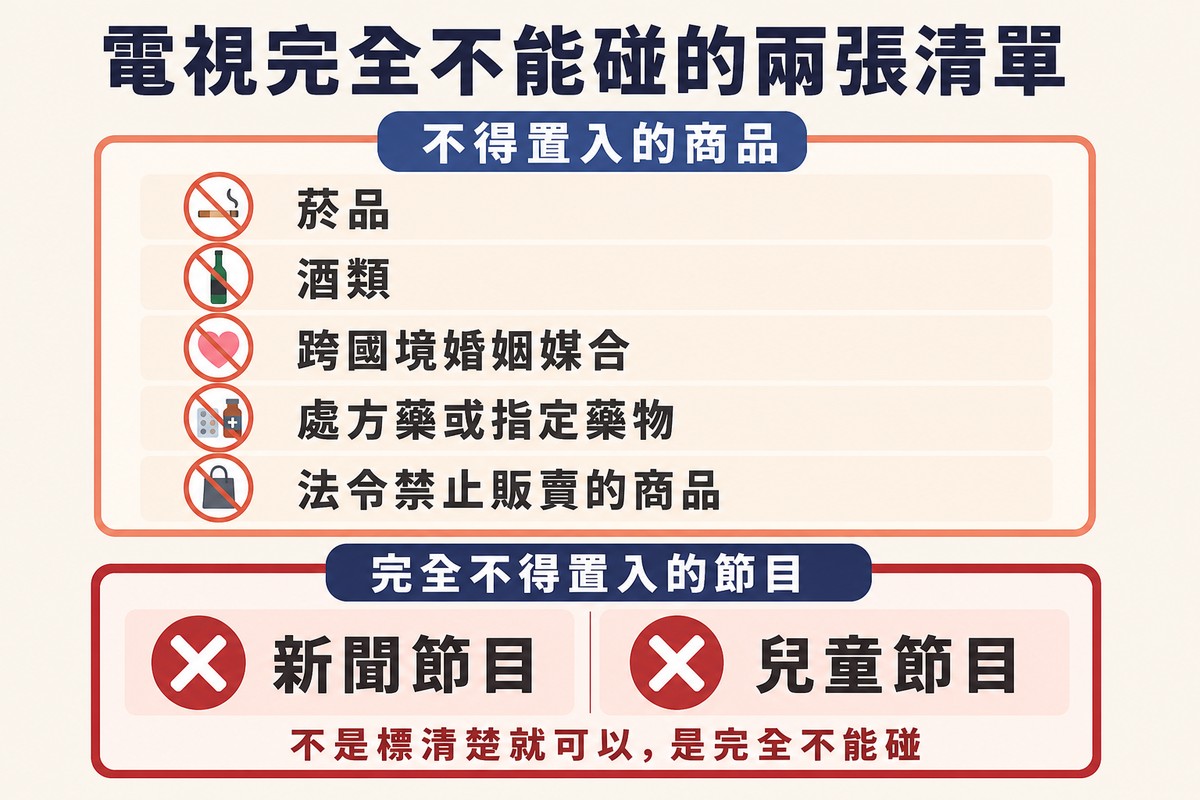 上方列出五類不得置入的商品,下方兩個大區塊標示新聞節目與兒童節目完全不得置入