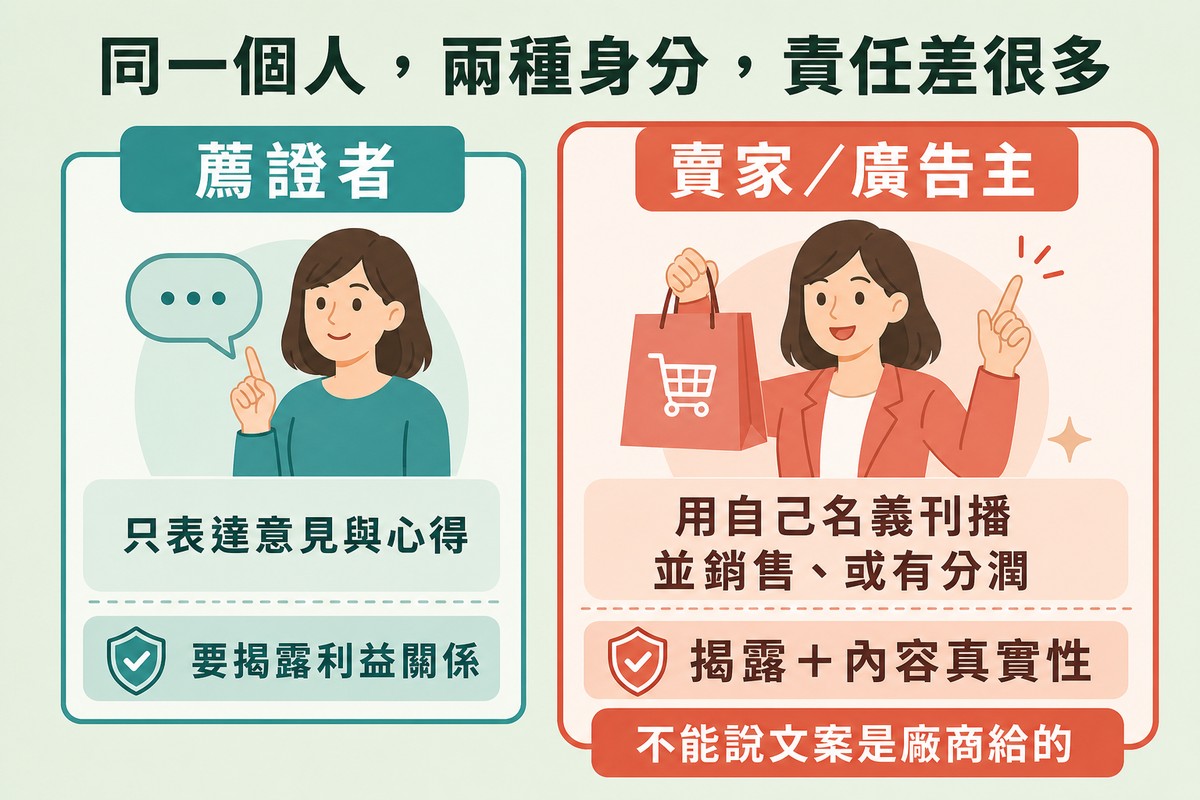 左右對照,左邊薦證者只需揭露利益關係,右邊賣家或廣告主還要對內容真實性負責