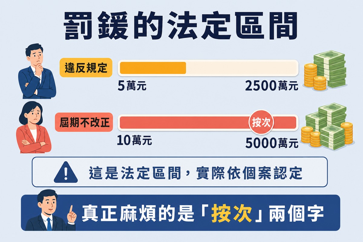 兩條長度不同的罰鍰區間長條,上方是五萬到兩千五百萬,下方是屆期不改正的十萬到五千萬並標示按次