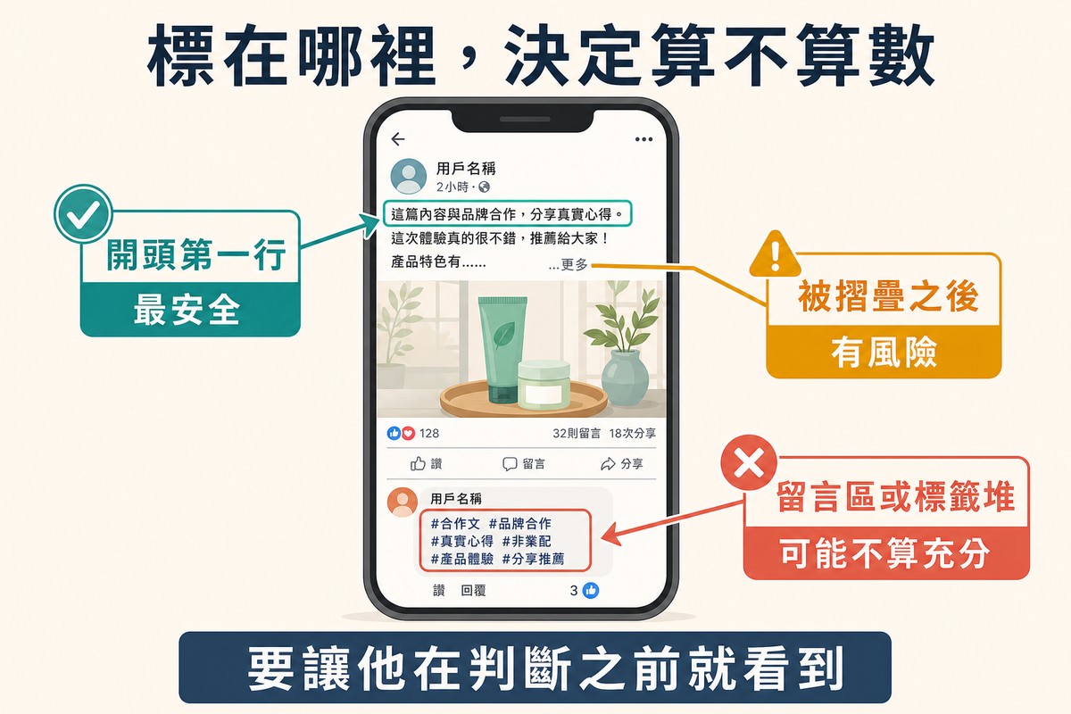 手機貼文示意圖,三個位置分別被標為開頭第一行最安全、摺疊之後有風險、留言區或標籤堆可能不算充分