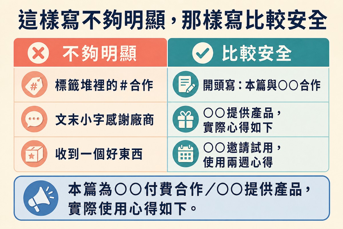 左右兩欄對照不夠明顯與比較安全的揭露寫法,下方是一句可以直接照抄的標準句型