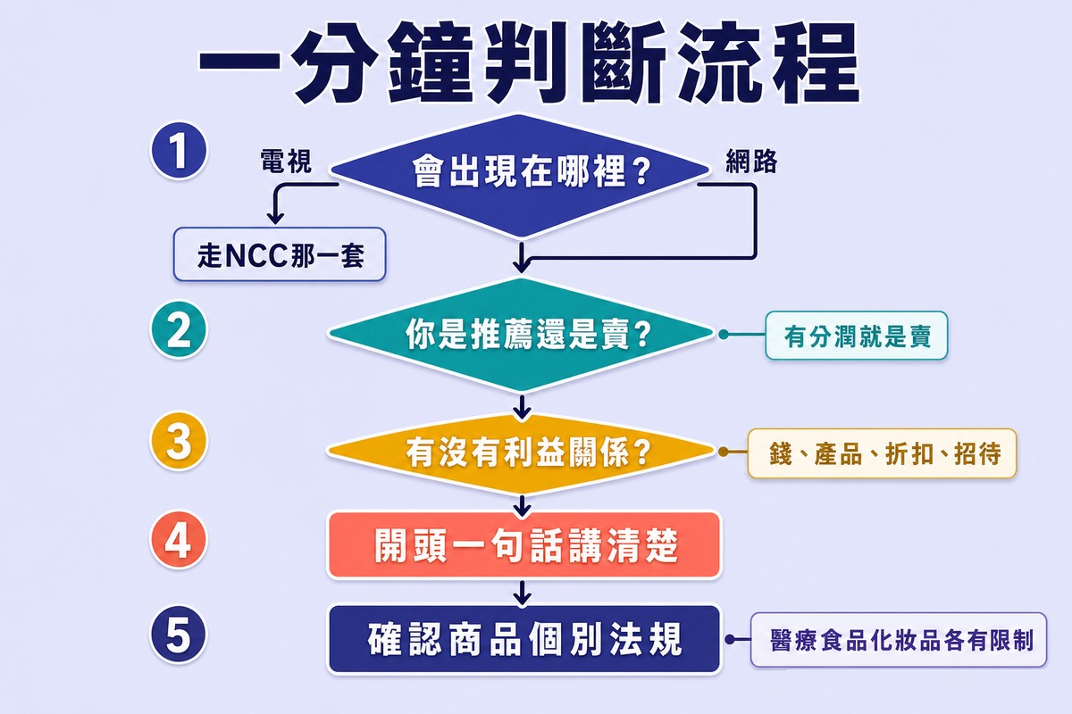 五個步驟的決策流程圖,依序判斷出現在哪裡、是推薦還是賣、有沒有利益關係、怎麼揭露、商品個別法規