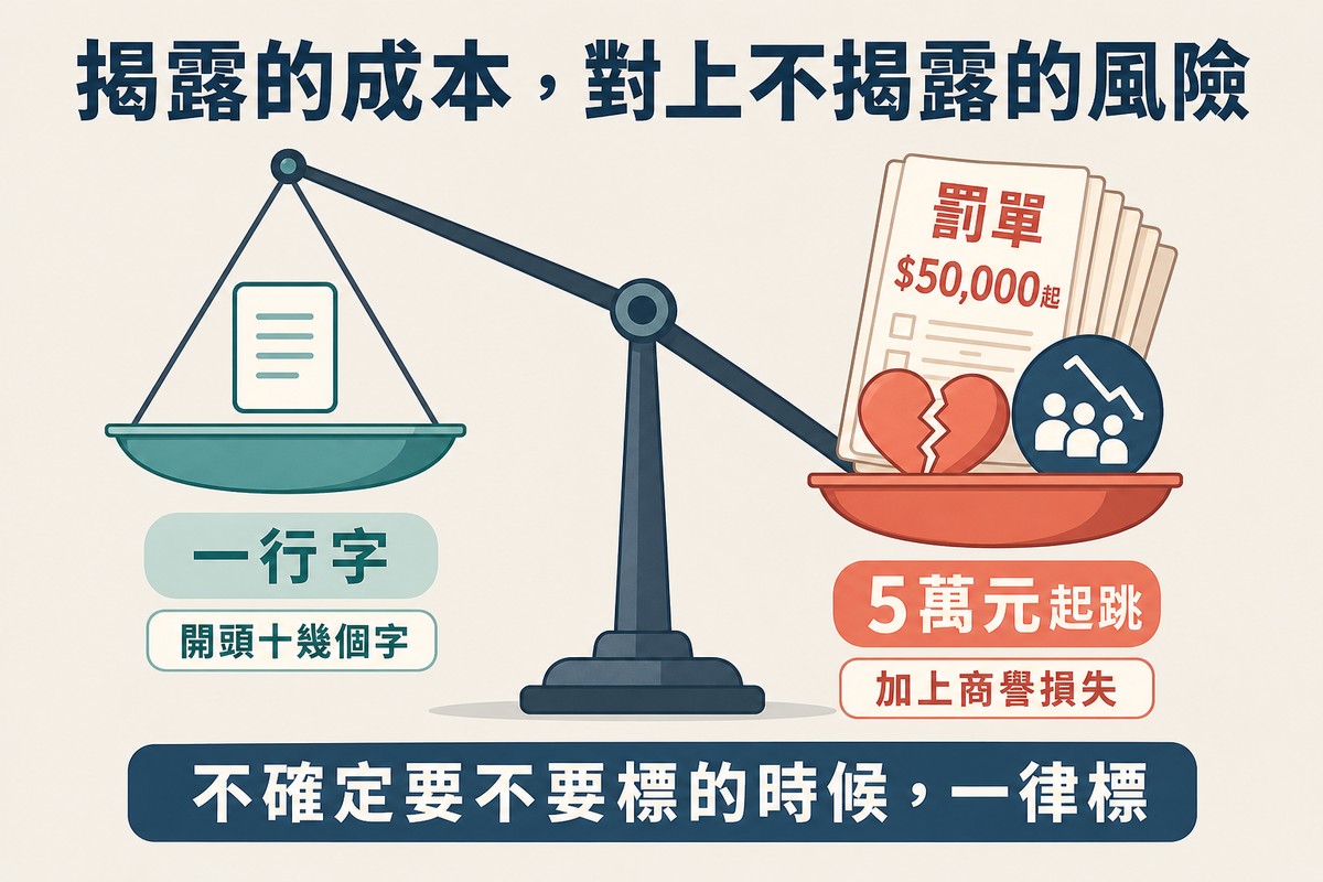 天平圖,左邊揭露的成本只有一行字而輕輕上揚,右邊不揭露的風險壓著罰鍰文件與信任破損圖示而下沉