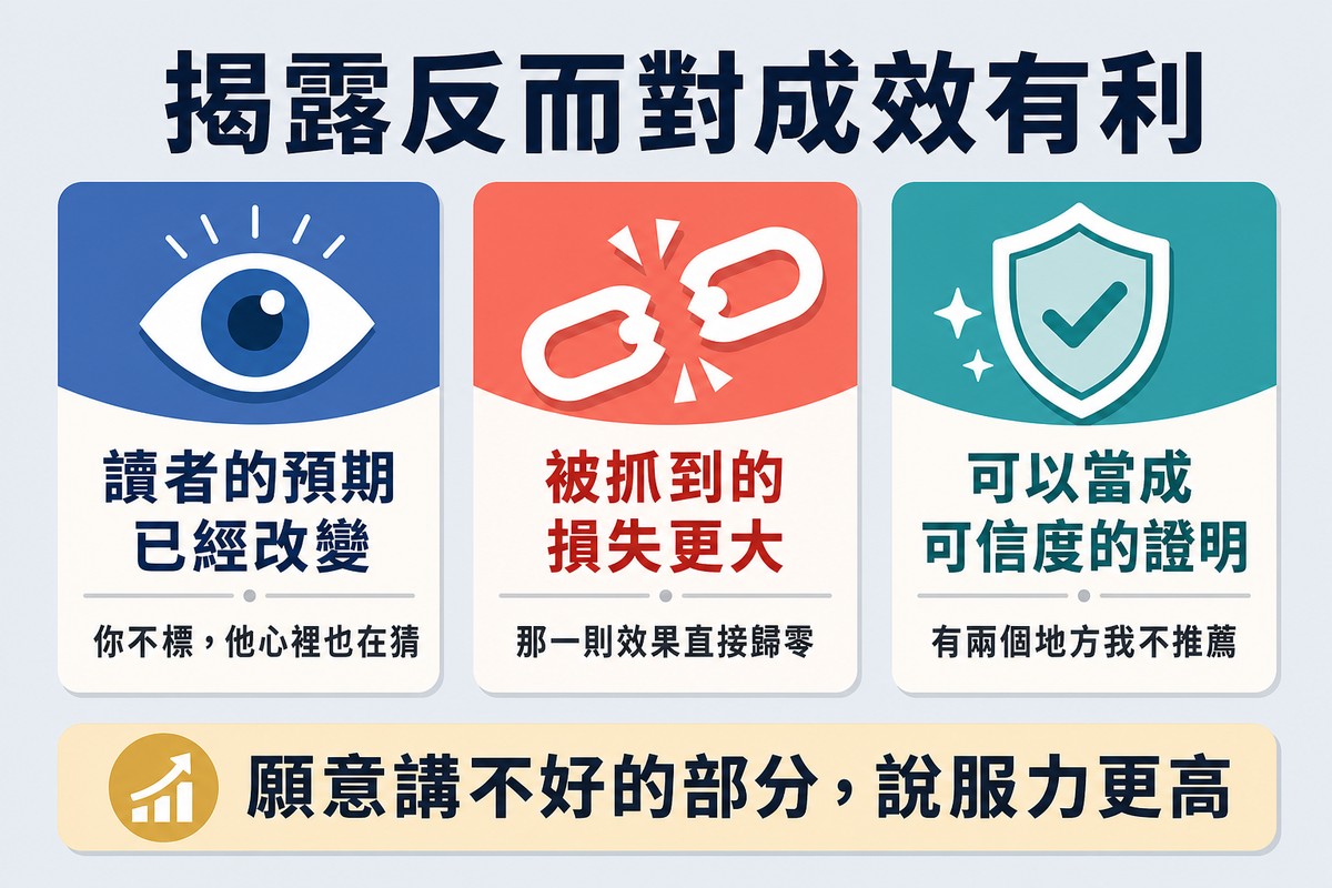 三張卡片,分別說明讀者預期已經改變、被抓到的損失更大、揭露可以當成可信度的證明