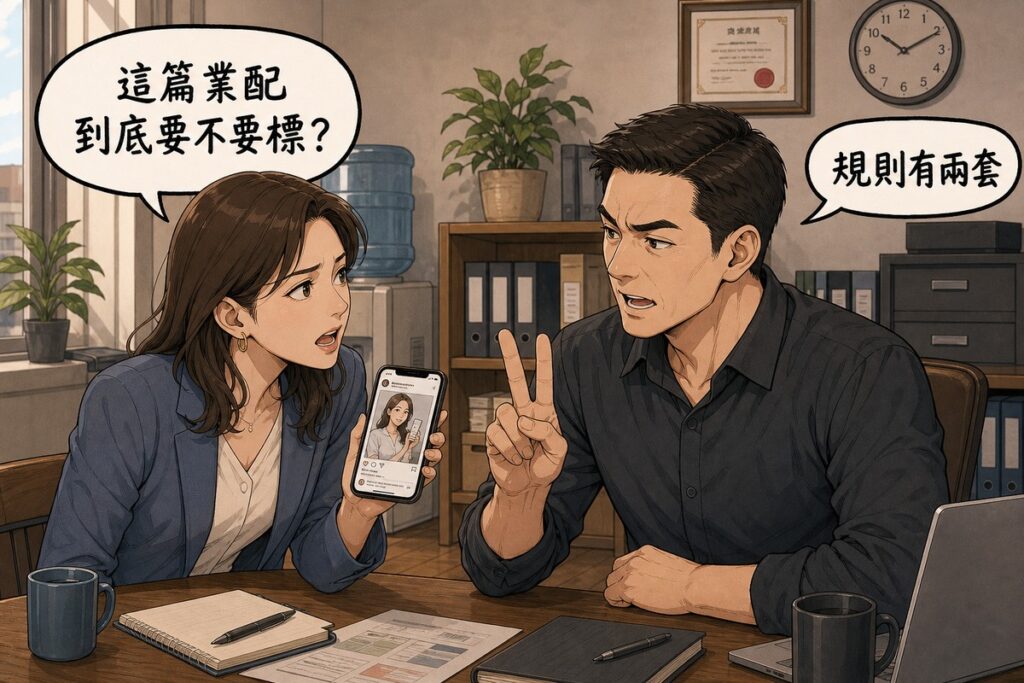 一男一女在會議室對談,女方拿著手機顯示網紅貼文,氣泡寫「這篇業配到底要不要標?」,男方比出兩根手指回應「規則有兩套」