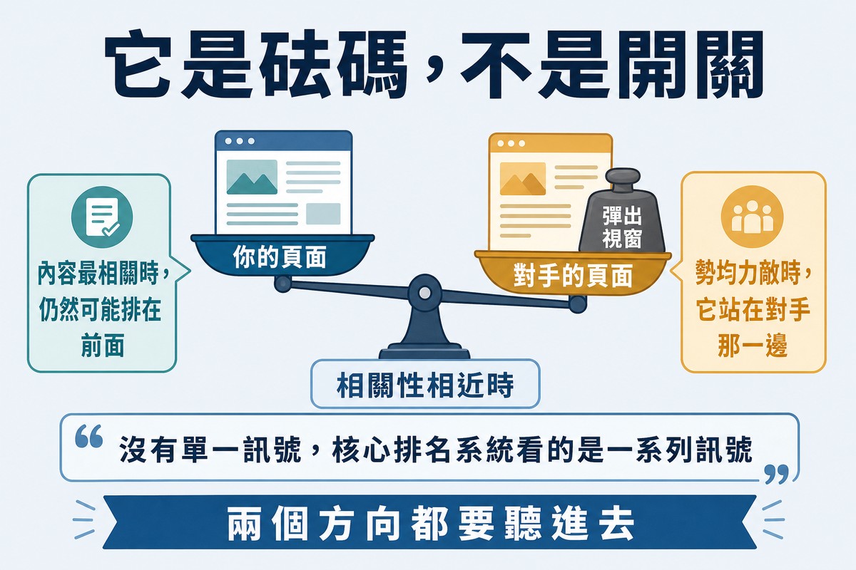 圖上方寫「它是砝碼,不是開關」,中間一座天平兩端是你的頁面與對手的頁面,彈出視窗這顆砝碼壓在對手那一邊,下方引用官方的「沒有單一的訊號」。