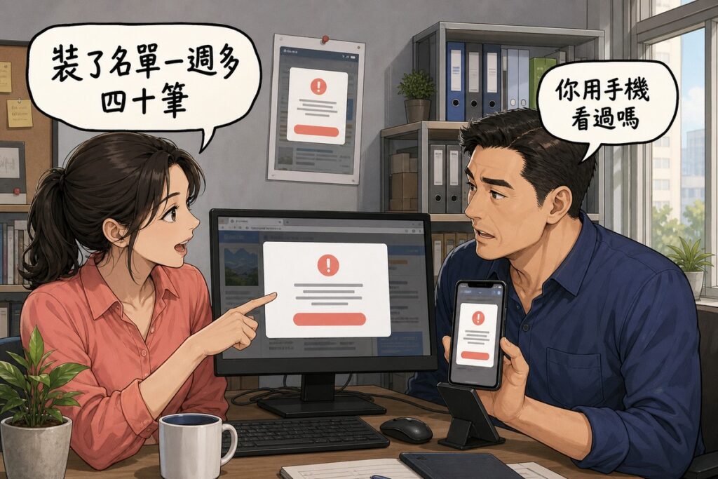 兩個人在筆電前討論網站上的彈出視窗,桌面攤著一份寫著規範的文件,畫面右下角標著「彈出式廣告SEO」。