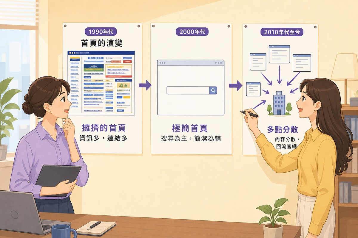 兩個同事站在牆前，牆上並排釘著三張手繪畫面：一個塞滿連結的老式首頁、一個只有搜尋框的空白頁、一群沒有中心的小畫面，其中一人正從那群小畫面往一棟辦公樓圖示畫箭頭。