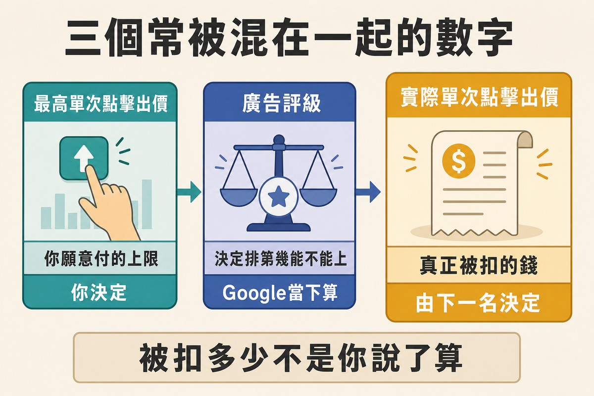 三張並排的卡片分別是最高單次點擊出價、廣告評級與實際單次點擊出價,各附意思與誰決定,一條箭頭依序串起三張