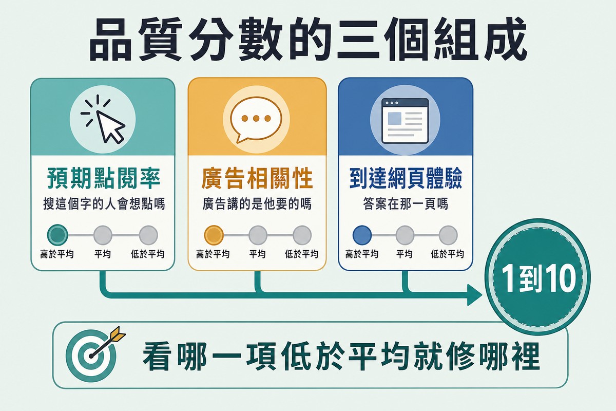 預期點閱率、廣告相關性與到達網頁體驗三張卡片,各附白話說明與高於平均、平均、低於平均的指示,箭頭匯入右側一到十的分數徽章