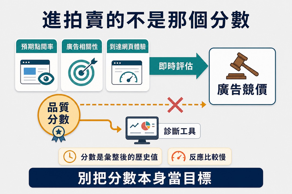 三個組成以實線箭頭進入廣告競價方塊,品質分數徽章往競價的虛線箭頭被劃掉,改指向一個標示診斷工具的螢幕圖示