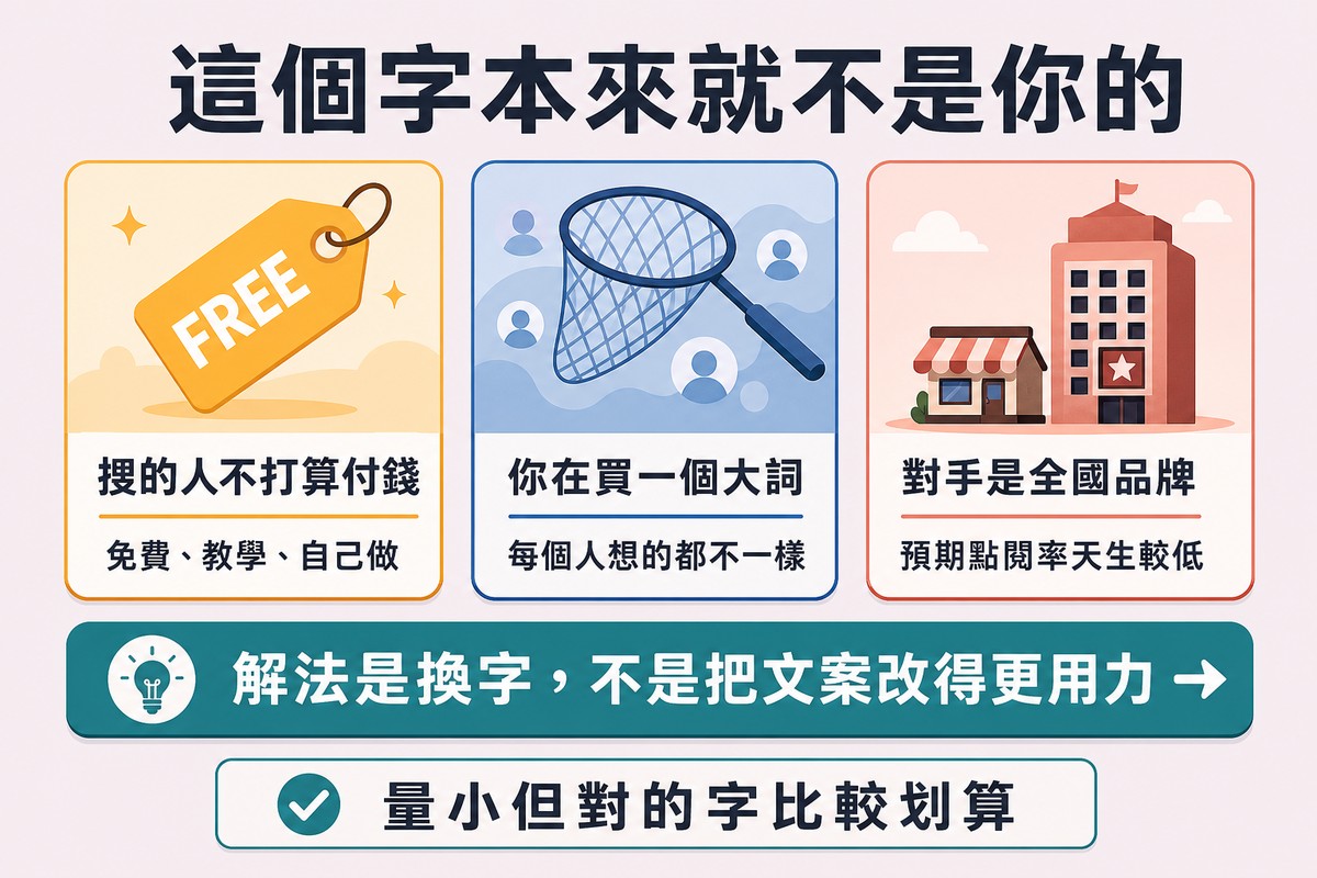 三張情境卡分別是搜的人不打算付錢、你在買一個大詞、對手是全國品牌,下方一條橫貫的解法長條寫著解法是換字