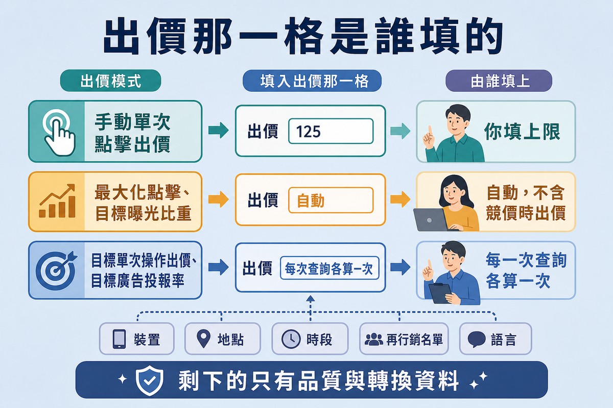 三種出價方式各一列,分別標示你填上限、自動但不含競價時出價、每一次查詢各算一次,下方一串訊號標籤餵進第三列