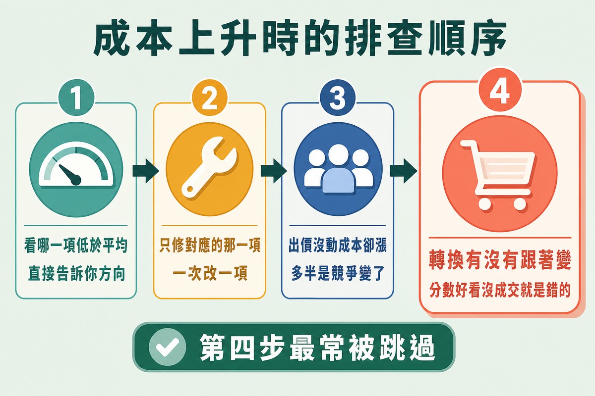 四個步驟以箭頭相連,依序是看哪一項低於平均、只修對應那一項、確認是不是競爭變了、最後看轉換有沒有跟著變