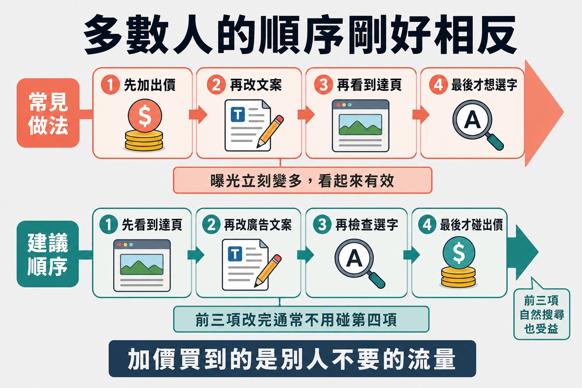 上下兩排方向相同的流程,上排是常見做法先加出價,下排是建議順序先看到達頁,兩排各附一句說明