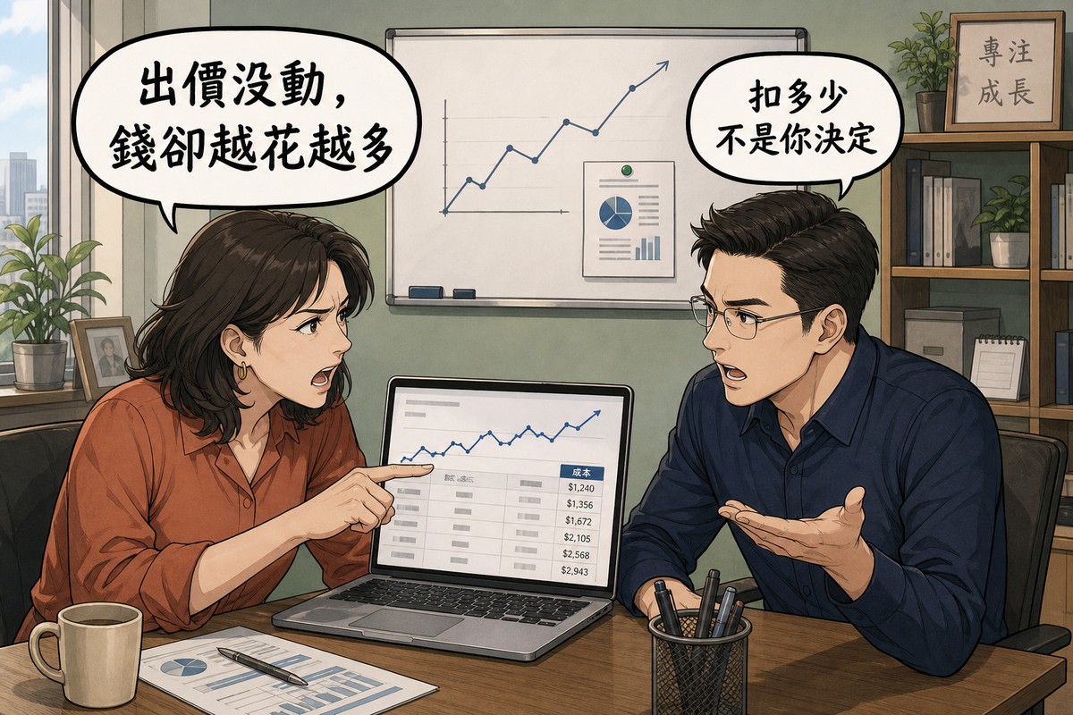 一位企業主與一位PPC顧問在會議角落對談,企業主指著白板上一路上升的成本折線說「出價沒動,錢卻越花越多」,顧問攤開手掌回應「扣多少不是你決定」