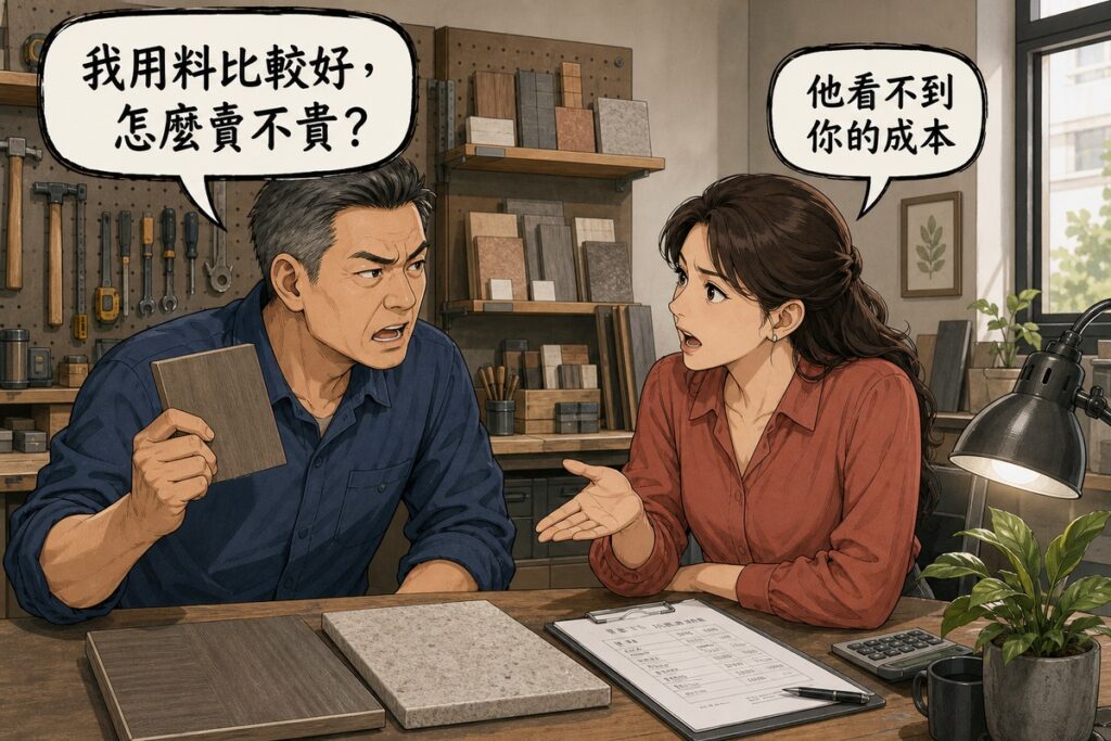 一位工坊老闆與一位品牌顧問在工作檯旁對談，老闆舉著材料樣本，氣泡寫「我用料比較好，怎麼賣不貴？」，顧問指著報價單回應「他看不到你的成本」