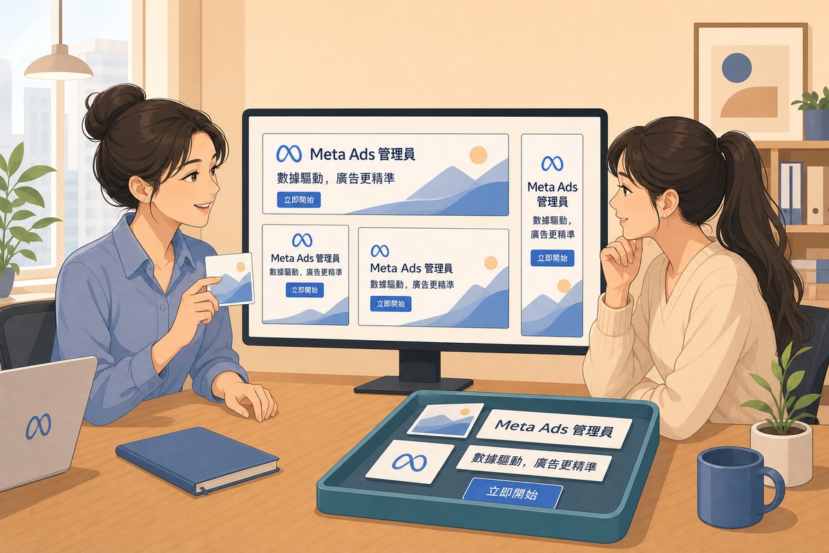 兩個同事看著螢幕上同一則廣告被組成寬版、方形、直立好幾種樣子，旁邊的托盤裡放著照片、標誌與一條條標題文字，其中一人舉起其中一個零件而不是指著螢幕。