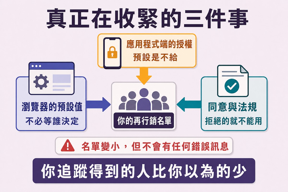 中央一份再行銷名單被三個方向的箭頭同時擠壓,分別是瀏覽器預設值、應用程式端授權與同意和法規
