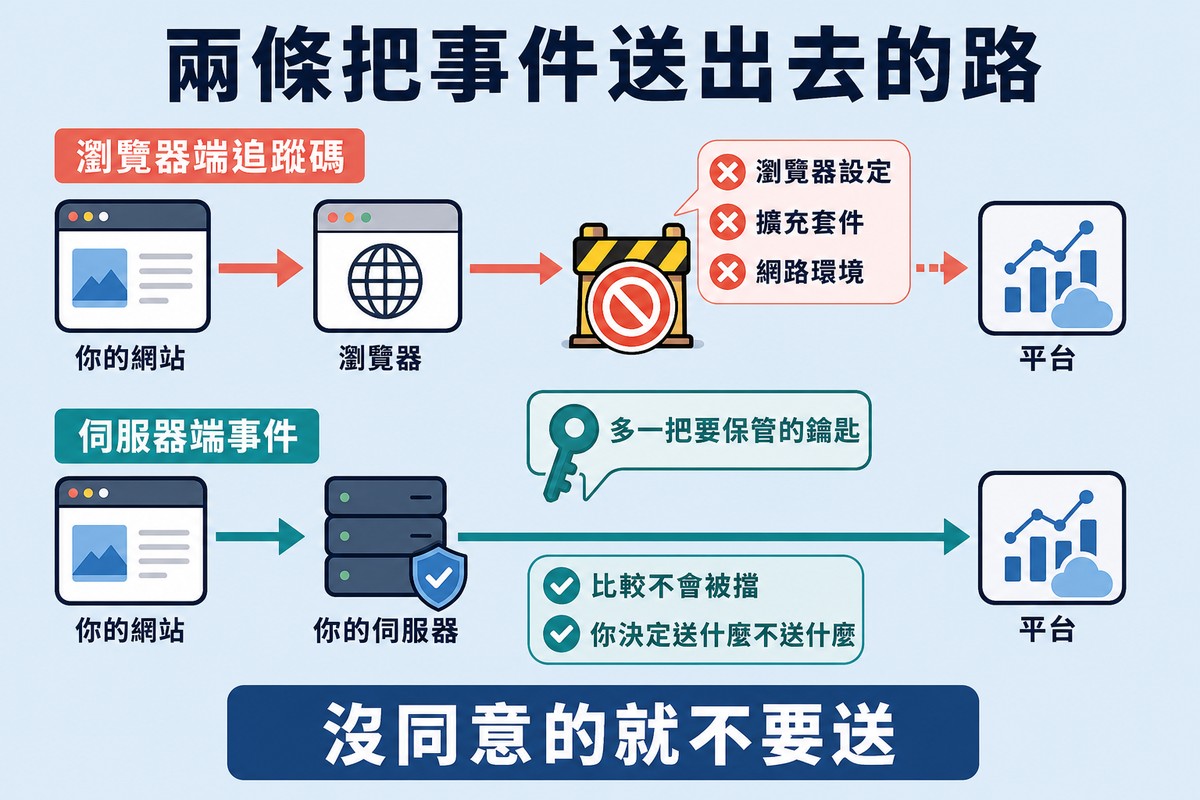 上排瀏覽器端追蹤碼在途中被一道障礙擋下並列出三個原因,下排伺服器端事件是一條暢通的線並標出多一把鑰匙