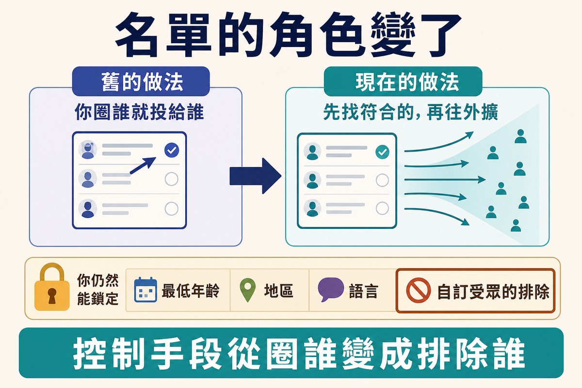 左邊名單被一個緊密的框圈住、箭頭只指向框內,右邊同一份名單標為受眾建議、箭頭往外擴散,下方列出還能鎖死的四項