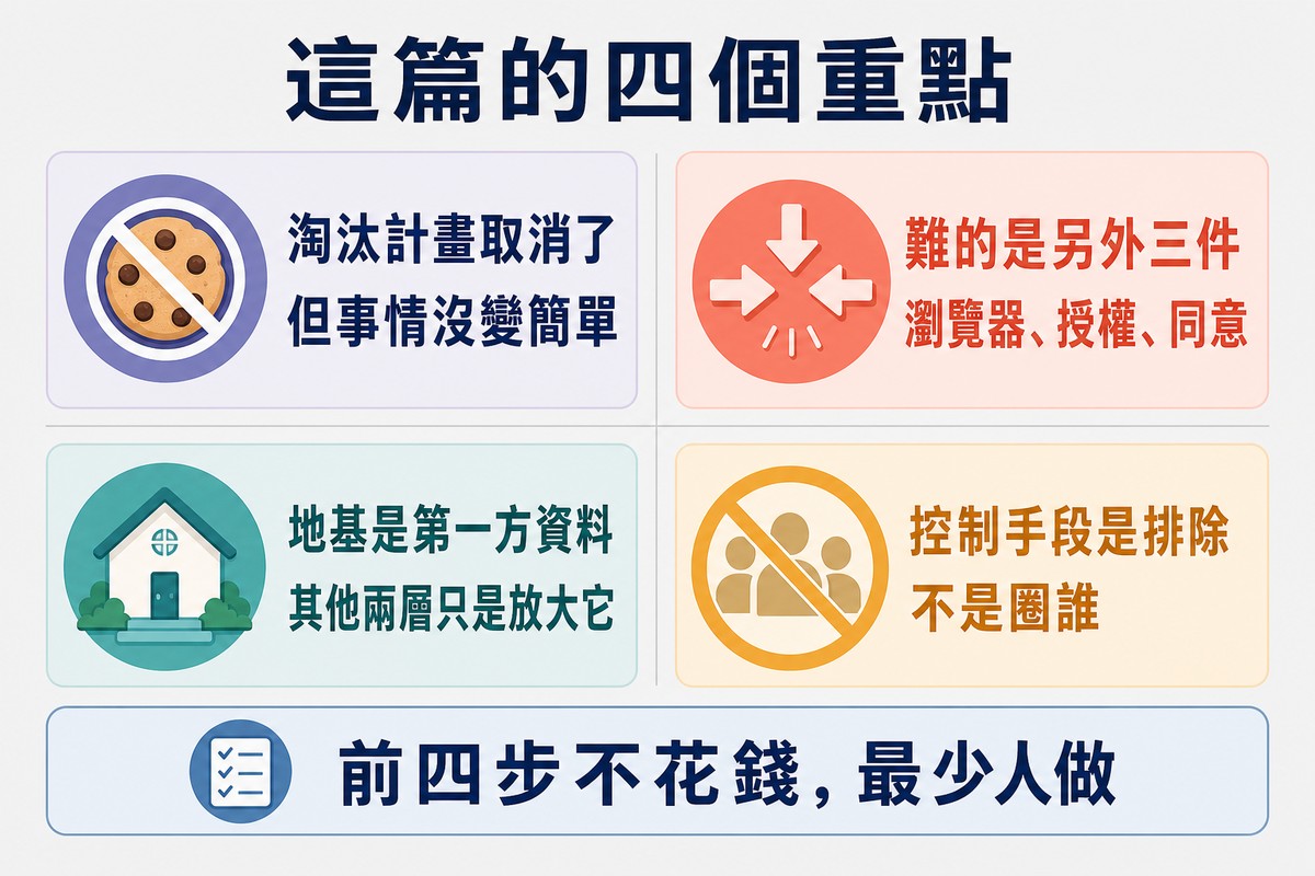 四宮格總結,分別是淘汰計畫取消了、難的是另外三件、地基是第一方資料、控制手段是排除