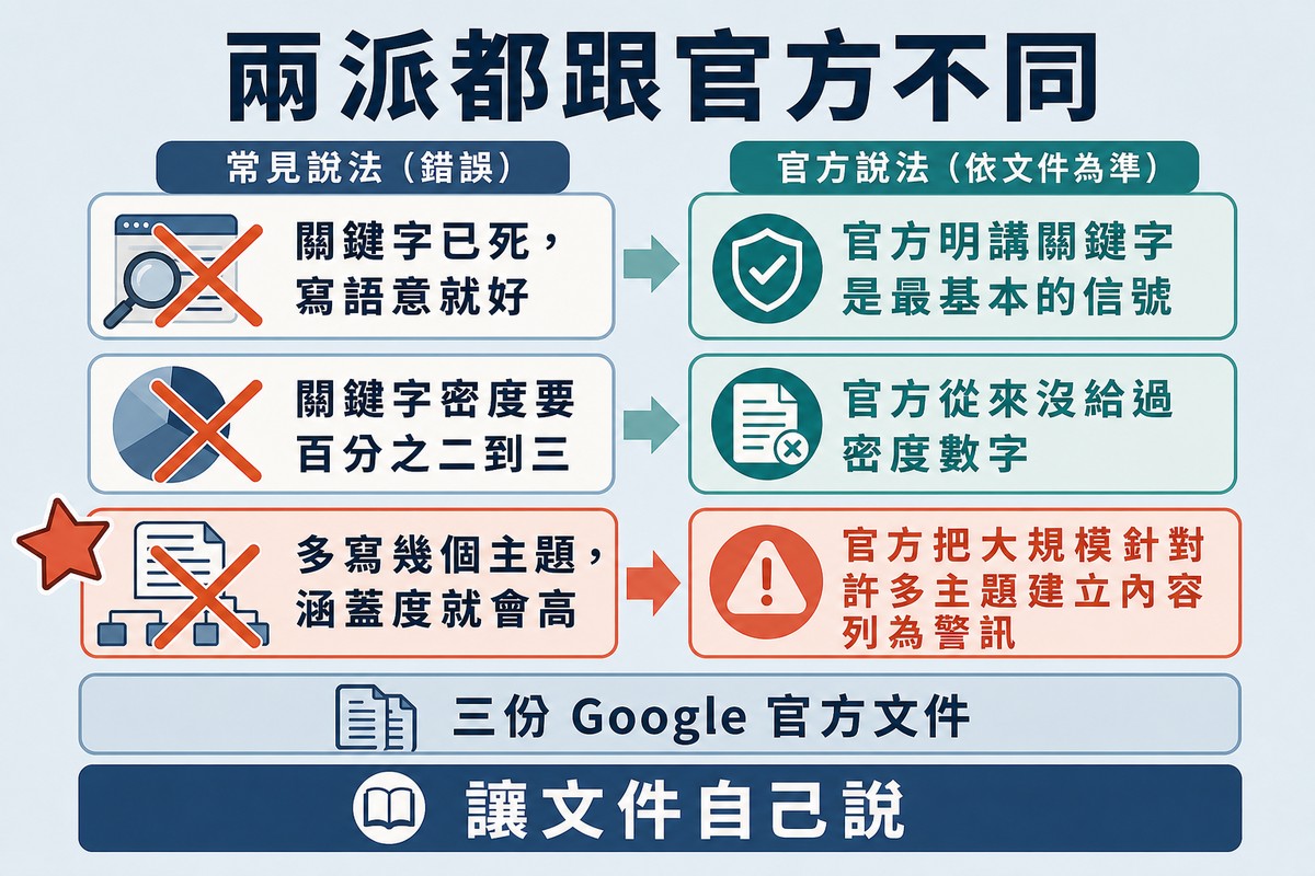 圖上方寫「兩派都跟官方不同」,三列左邊是被劃掉的常見說法、右邊是官方的實際立場,第三列加了星號。