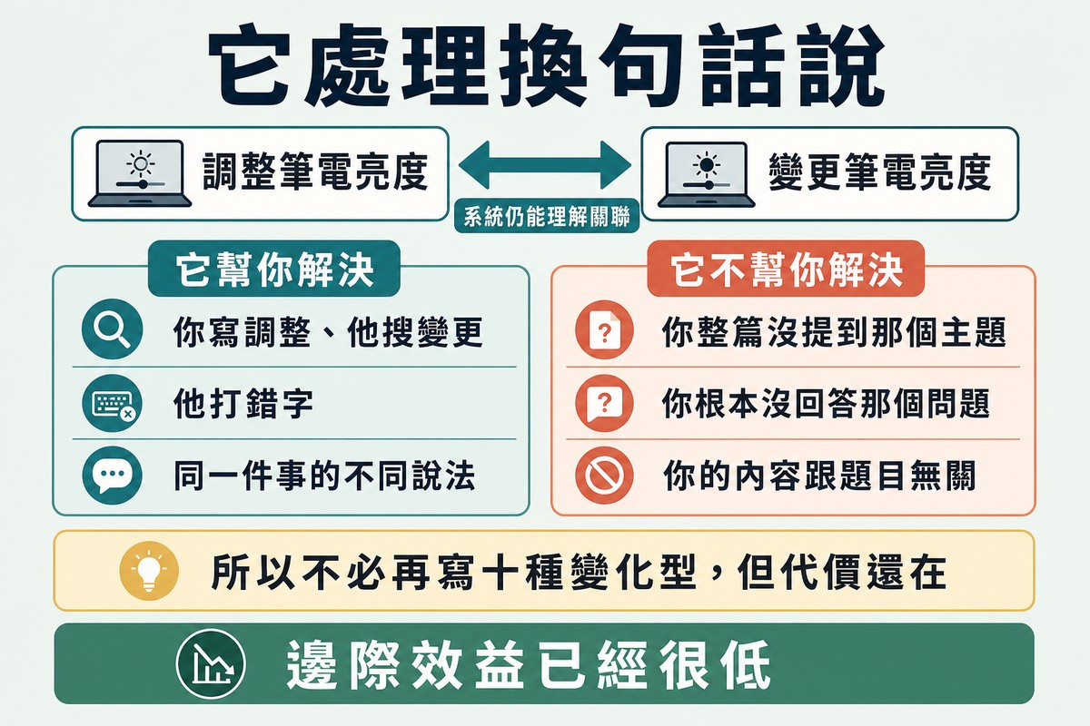 圖上方寫「它處理換句話說」,中央兩個詞以雙向箭頭相連,下方左欄列出它幫你解決的三件事、右欄列出它不幫你解決的三件事。