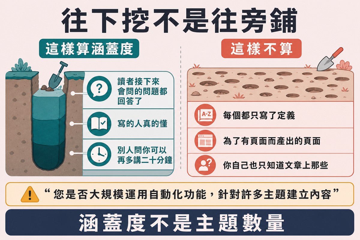 圖上方寫「往下挖不是往旁鋪」,左邊是一口往下挖得很深的井並分層標註,右邊是橫向鋪開的一百個淺坑。