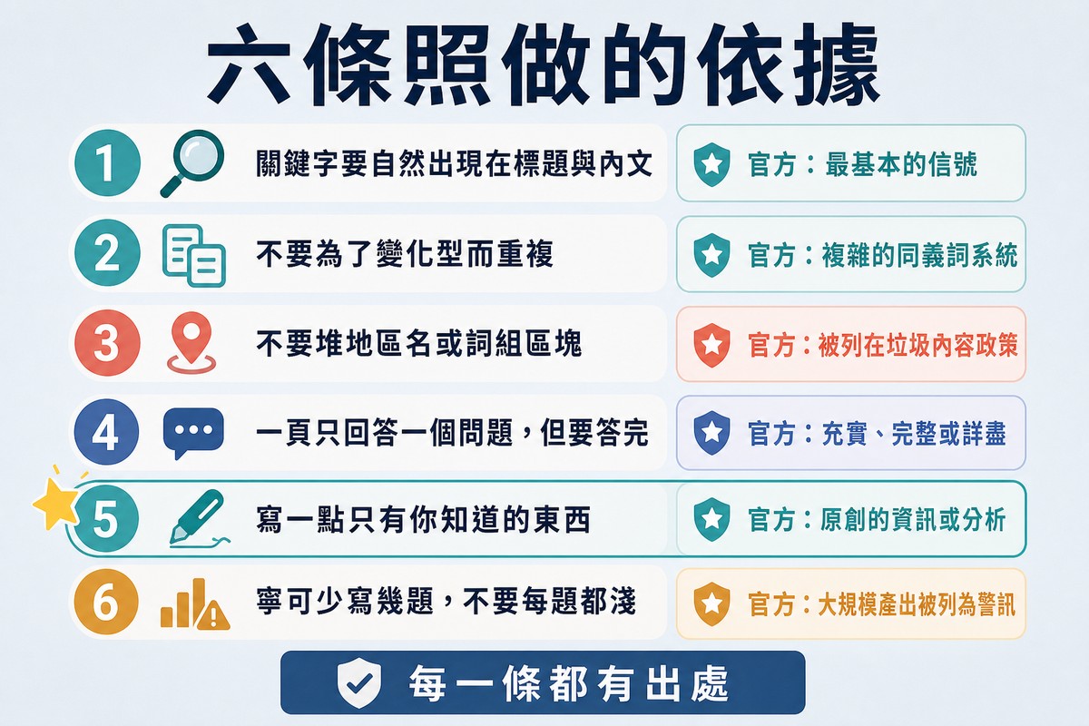 圖上方寫「六條照做的依據」,六個編號步驟各自附上對應的官方說法,第五條加了星號。