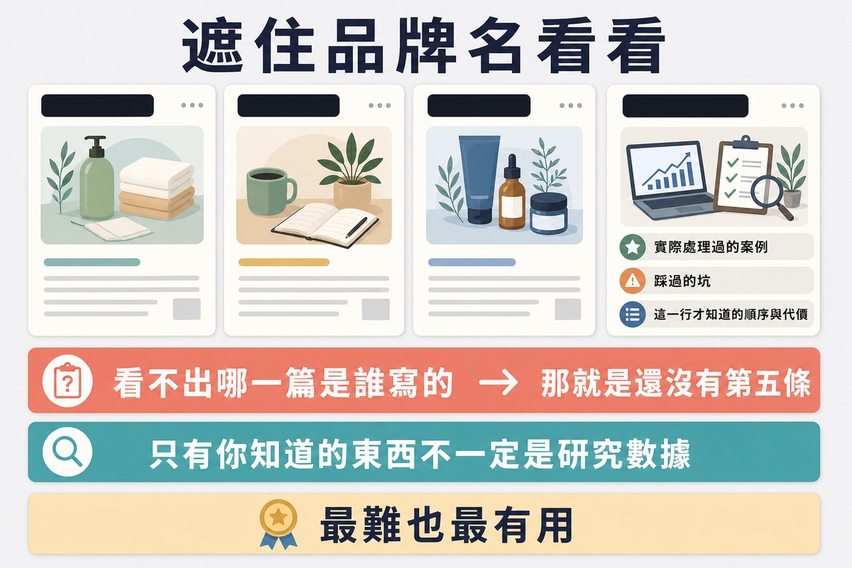 圖上方寫「遮住品牌名看看」,四張文章卡片的品牌名被塗黑,其中三張看起來可以互換,第四張帶著案例、踩過的坑等獨有標記。
