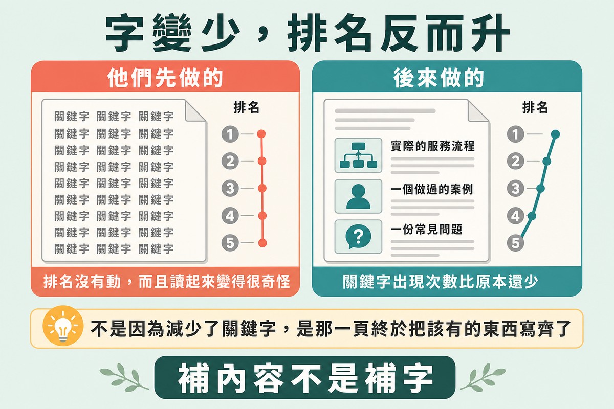 圖上方寫「字變少,排名反而升」,左邊是加了十幾次關鍵字卻排名持平的頁面,右邊是拿掉重複並補了流程、案例、常見問題後排名上升的頁面。