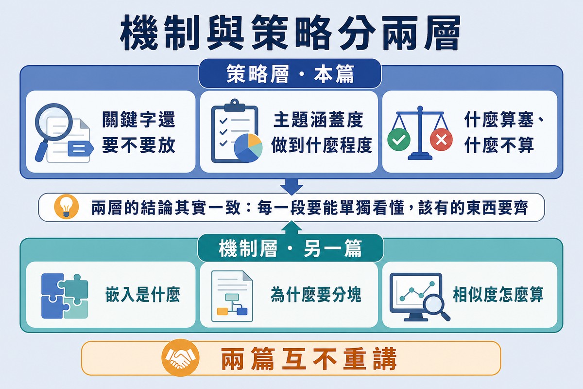 圖上方寫「機制與策略分兩層」,上層是策略層三個問題、下層是機制層三個問題,中間一句說明兩層的結論其實一致。