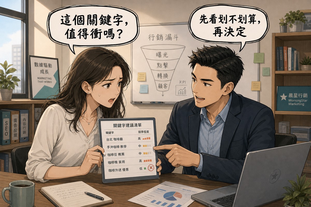 兩位商務人士辦公室對話，左邊業主憂心地拿著關鍵字清單、其中一項被紅圈標記，右邊顧問指著清單解說；上方兩個手繪對話框分別寫「這個關鍵字，值得衝嗎？」與「先看划不划算，再決定」