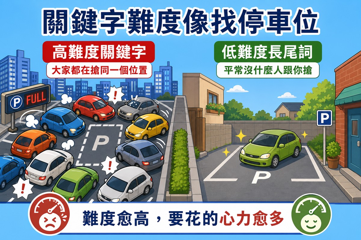 城市停車情境對比圖，左半邊市中心停車場擠滿車輛搶同一個車位，標籤「高難度關鍵字」與「大家都在搶同一個位置」；右半邊巷口空地一輛車輕鬆停入，標籤「低難度長尾詞」與「平常沒什麼人跟你搶」