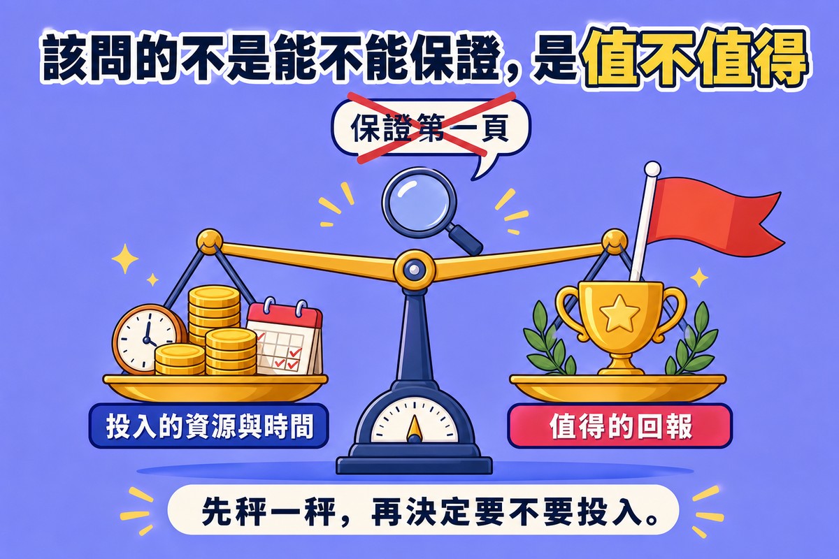 一座天平圖，左盤放置時鐘、金幣與月曆代表投入的資源與時間，右盤放置獎盃代表值得的回報，天平上方一個打叉的對話框寫著「保證第一頁」，天平中央懸浮一個放大鏡；標題「該問的不是能不能保證，是值不值得」