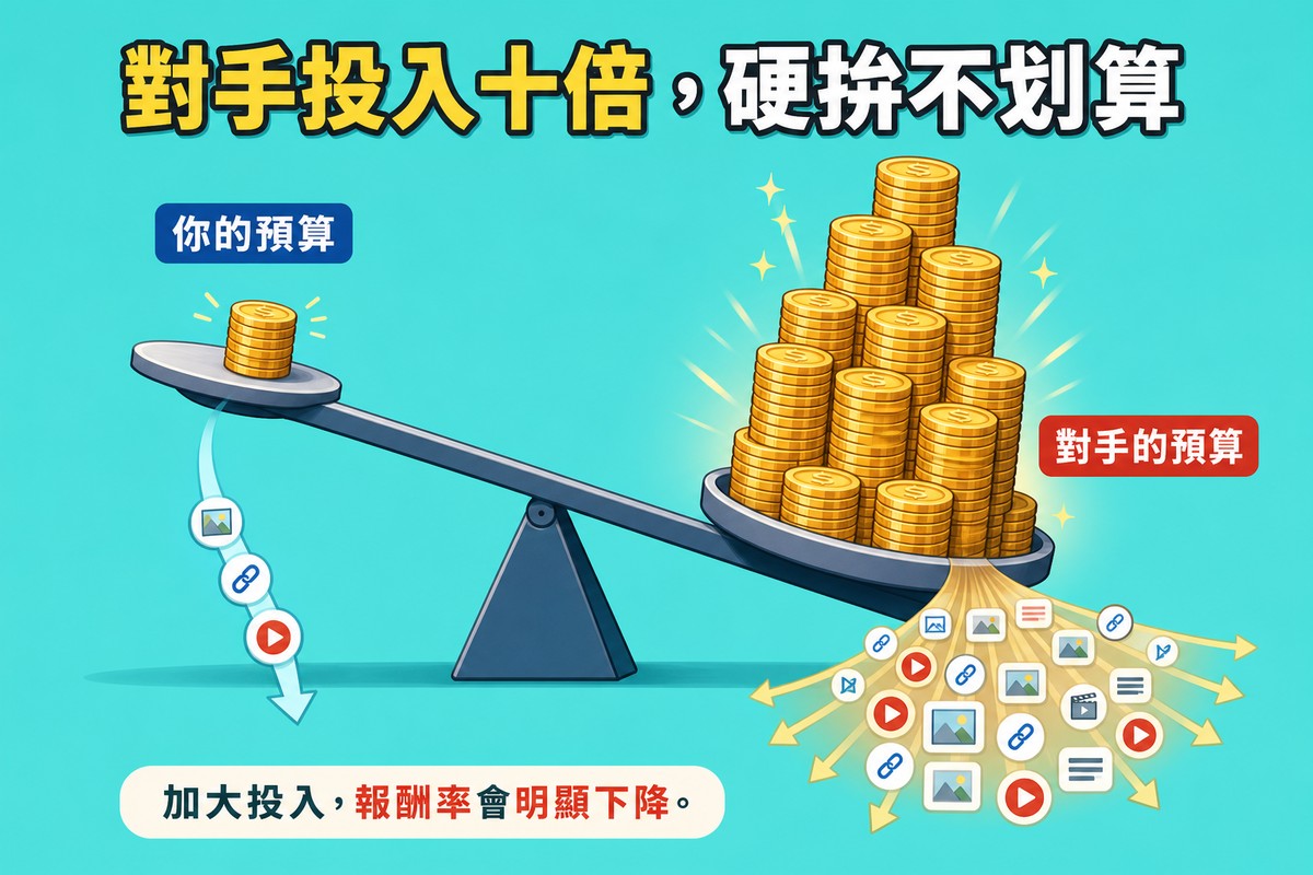 蹺蹺板失衡圖，一側是一小疊金幣，另一側是十倍高的巨大金幣塔重壓下沉，標籤「你的預算」與「對手的預算」；標題「對手投入十倍，硬拚不划算」