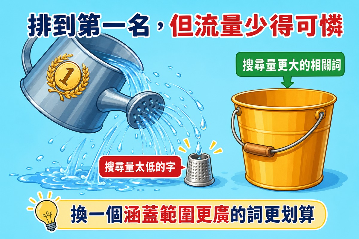 一個獎盃澆水壺把水倒進一個小小的頂針杯裡，大部分水都灑到旁邊，只有幾滴落入頂針，旁邊放著一個空的大水桶標示「搜尋量更大的相關詞」；標題「排到第一名，但流量少得可憐」