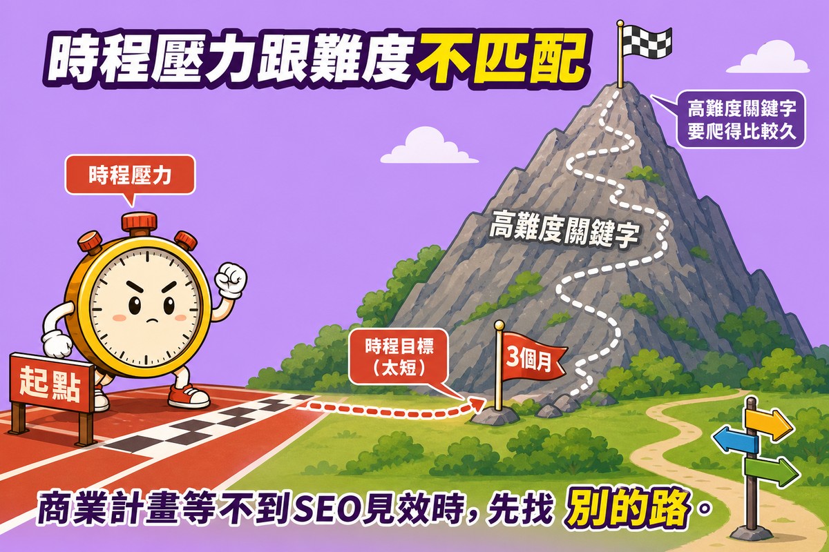 賽道起點放著一個碼表，旁邊是一座標示「高難度關鍵字」的陡峭高山，山腳插著一支寫「3個月」的小旗子，終點旗幟卻在接近山頂處；標題「時程壓力跟難度不匹配」