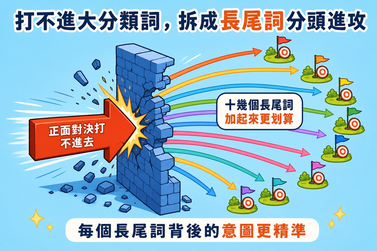 一支粗箭頭標示「大分類詞」撞上一道牆後裂解成許多細箭頭，分別穿過牆上的縫隙射向各自的小目標旗；標題「打不進大分類詞，拆成長尾詞分頭進攻」